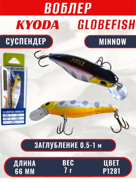 Воблер KYODA Globefish Minnow-66SP, длина 6,6 см, вес 7.0 гр цвет P1281, заглубление 0,5-1,0 м